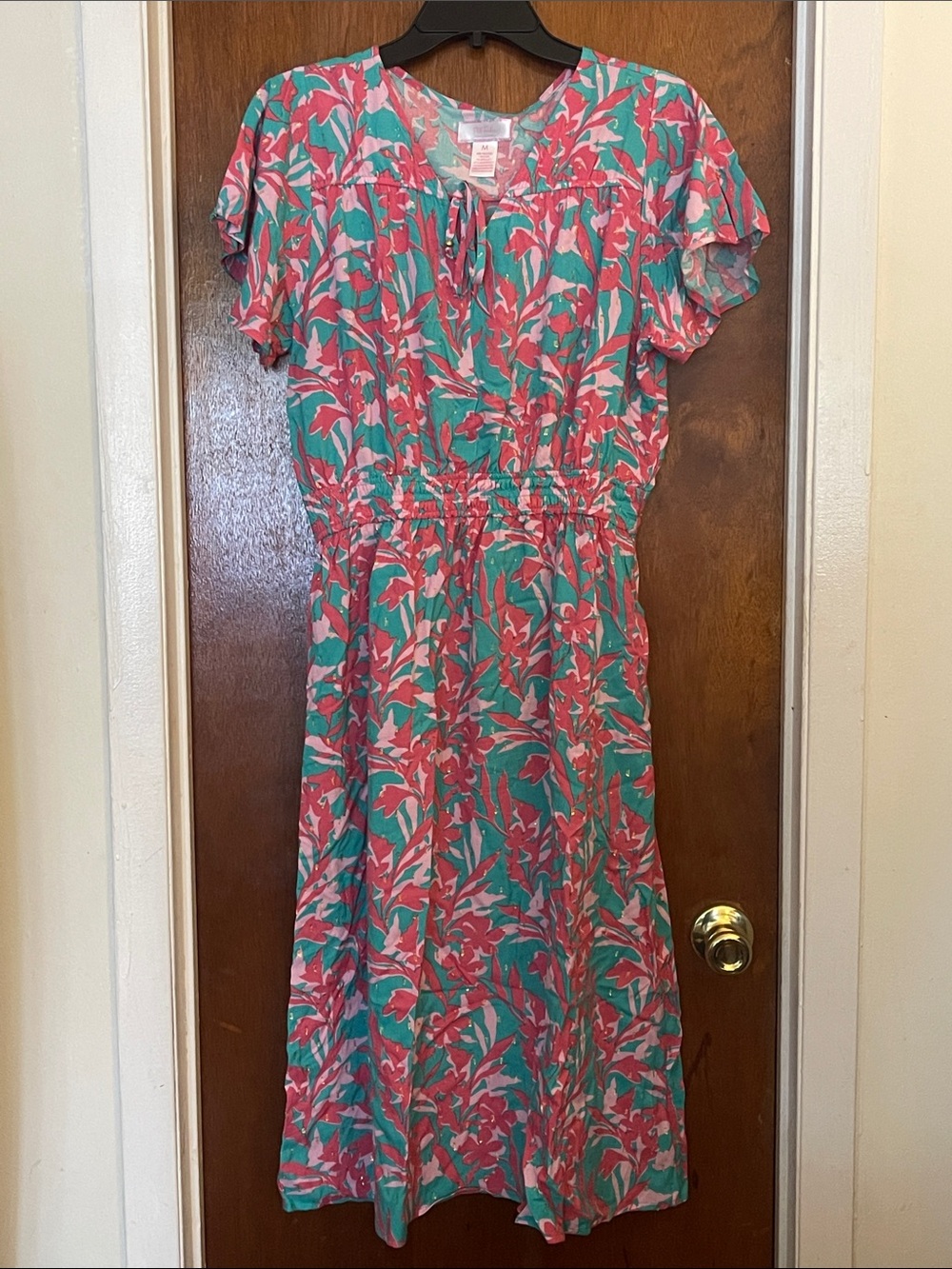 Flutter-Sleeve Floral Midi Dress in Coral and Teal